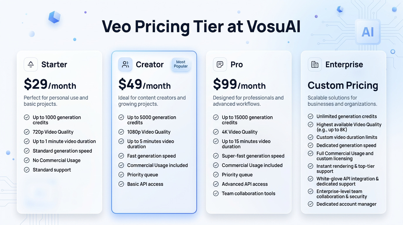 Veo pricing tiers at VosuAI