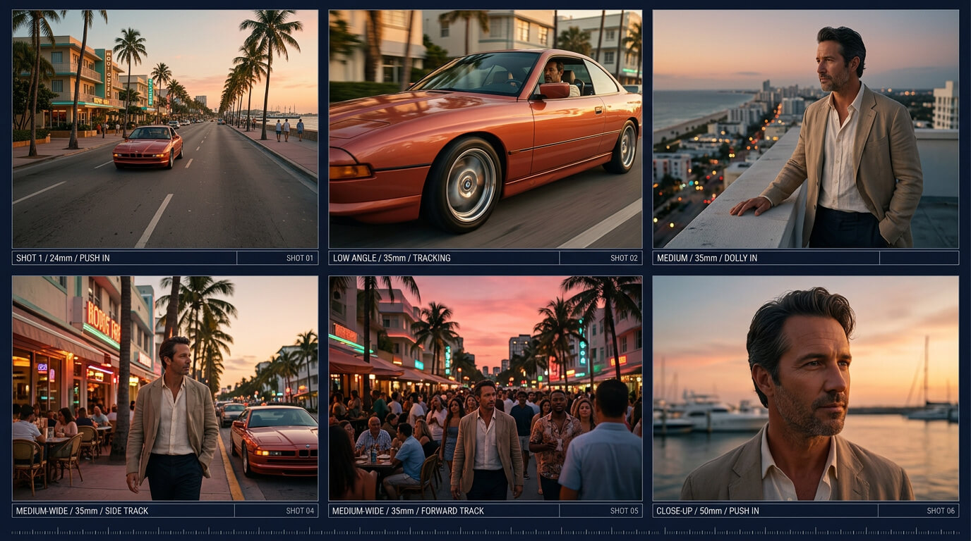 Six-shot storyboard for a GTA 6-style AI launch trailer