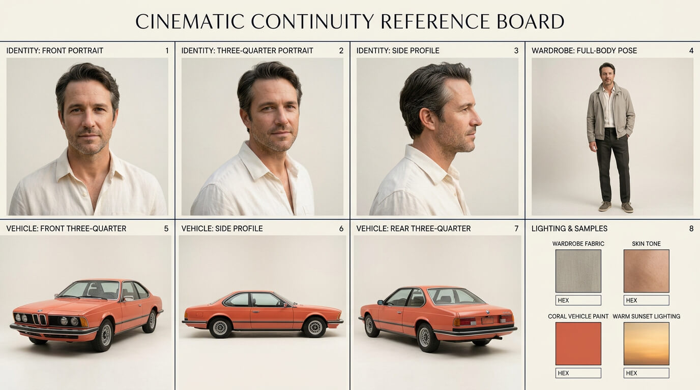 Character and vehicle reference board for consistent AI trailer scenes