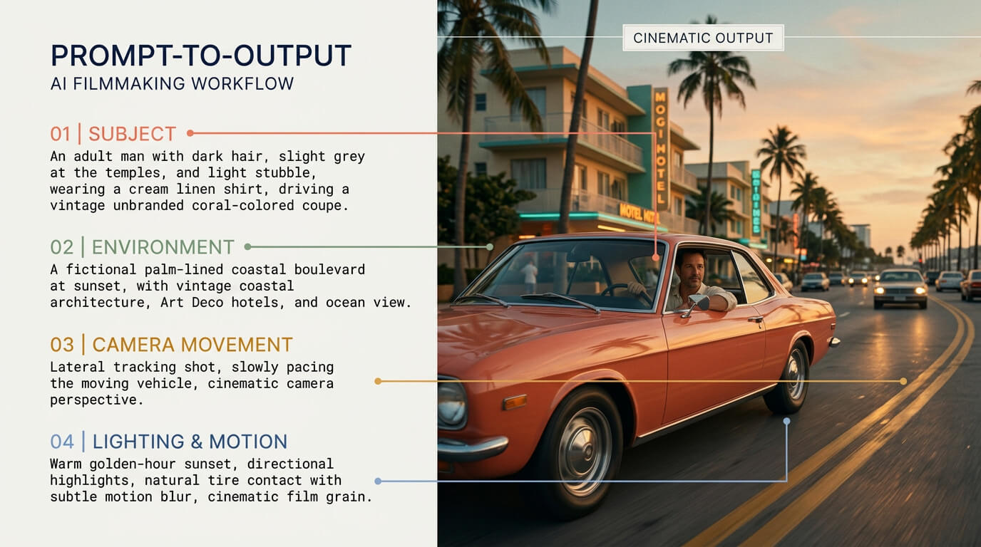 AI video prompt structure for a GTA 6-style cinematic trailer shot