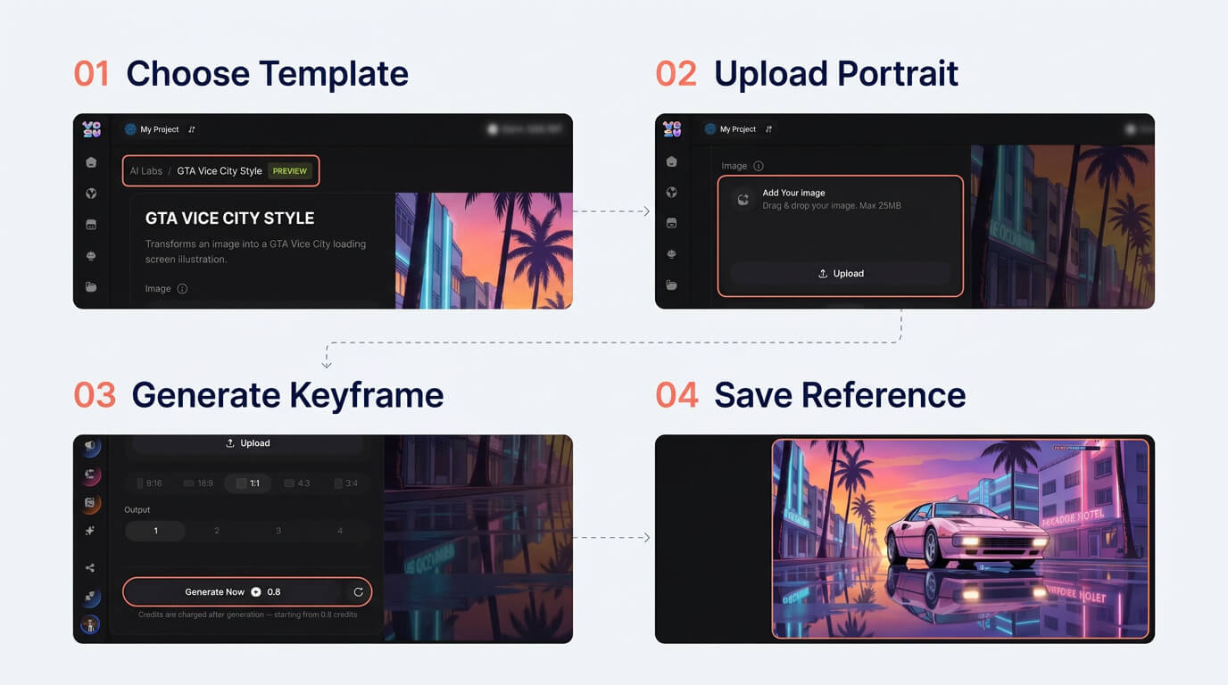 Four-step VOSU workflow for creating a GTA 6-style AI trailer