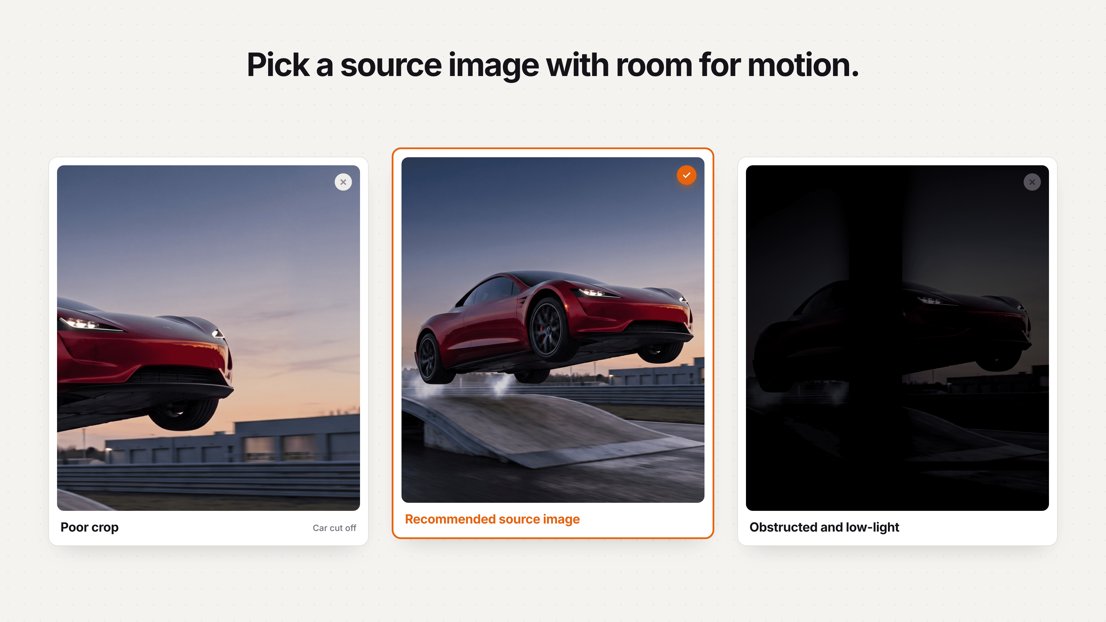 Comparison selecting a clear three-quarter car photo for a Tesla Roadster AI video.