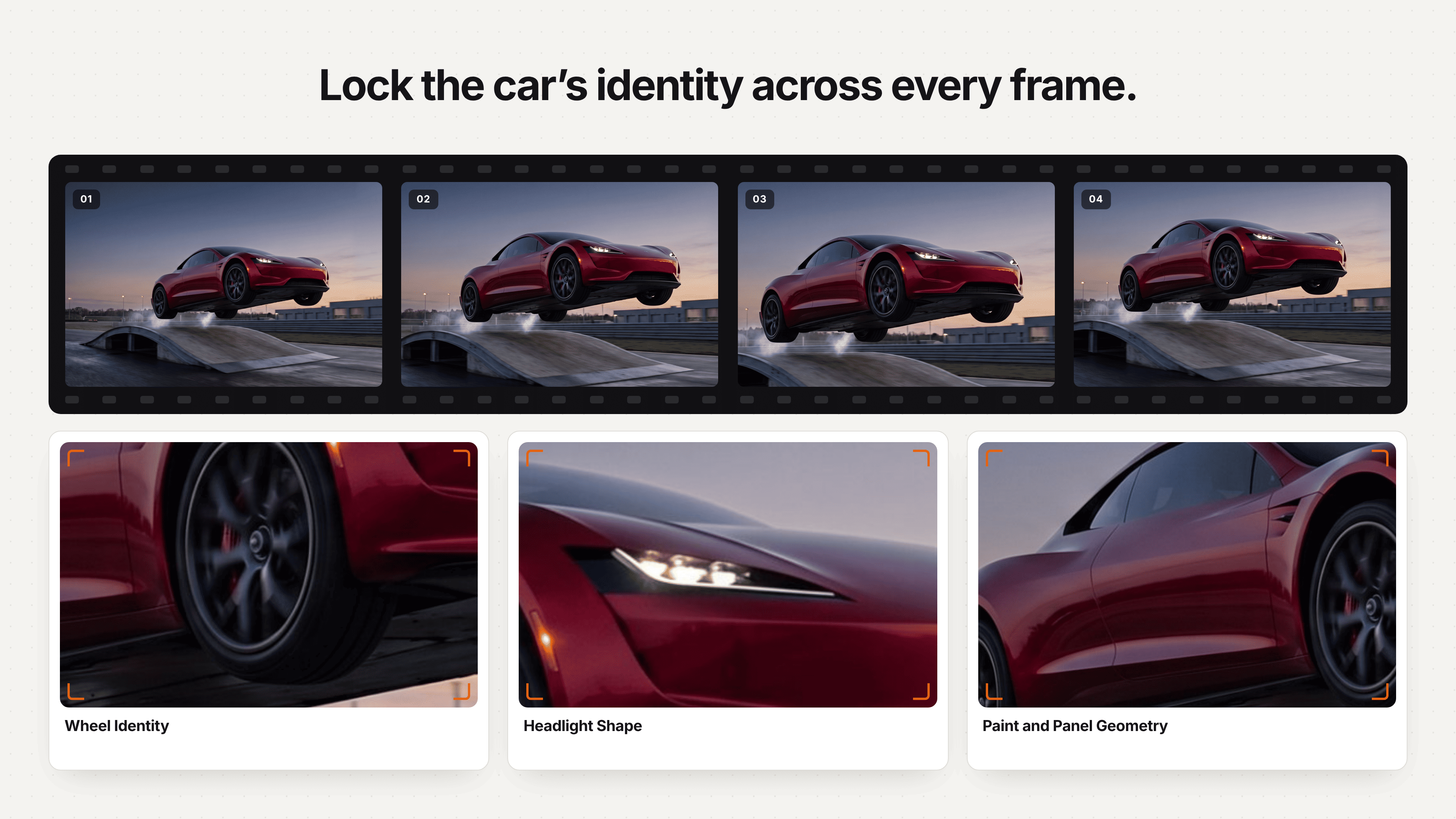 Four-frame Tesla Roadster AI sequence with consistent paint, wheels and body shape