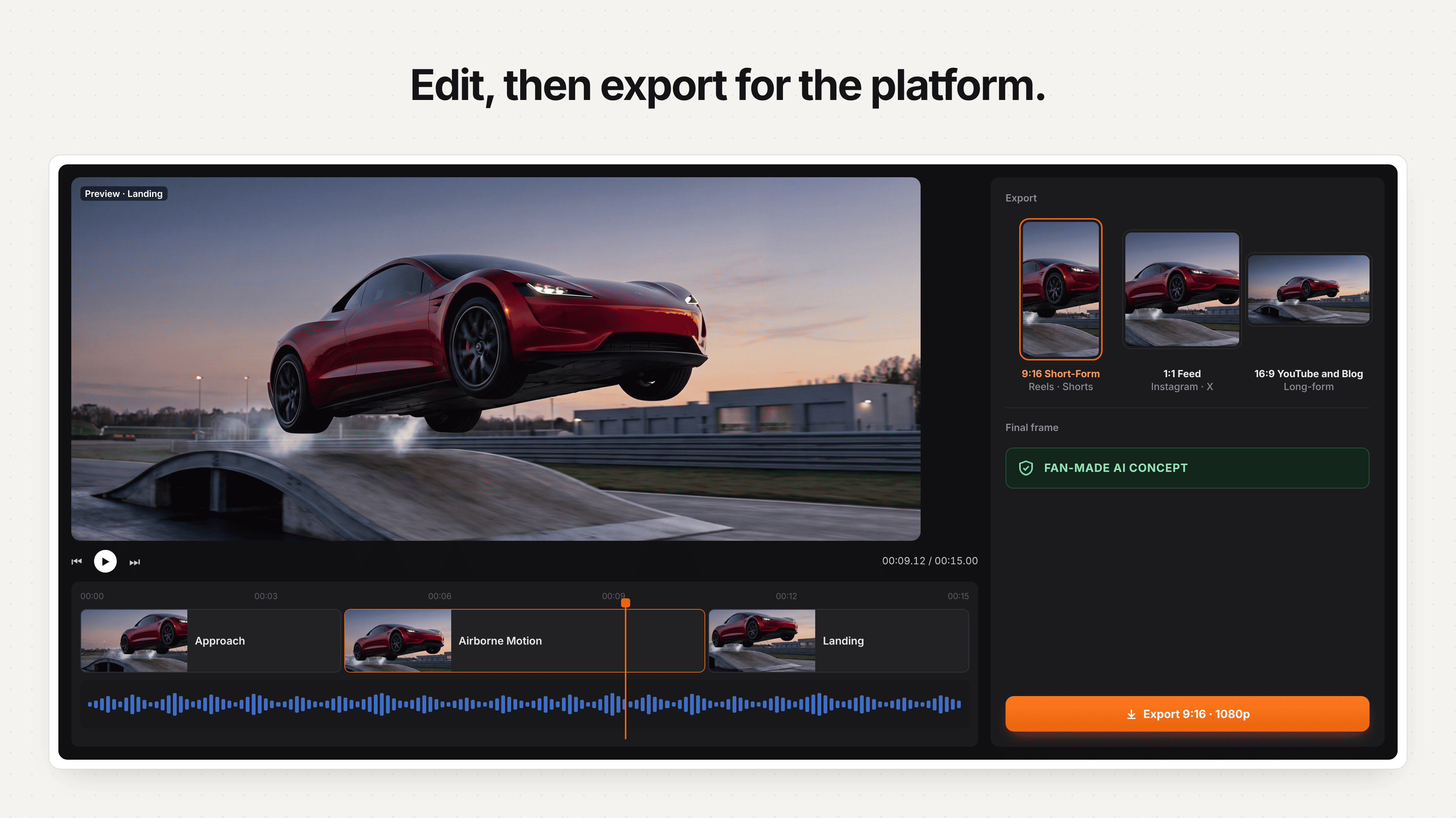 Editing timeline and vertical export settings for a Tesla Roadster AI video