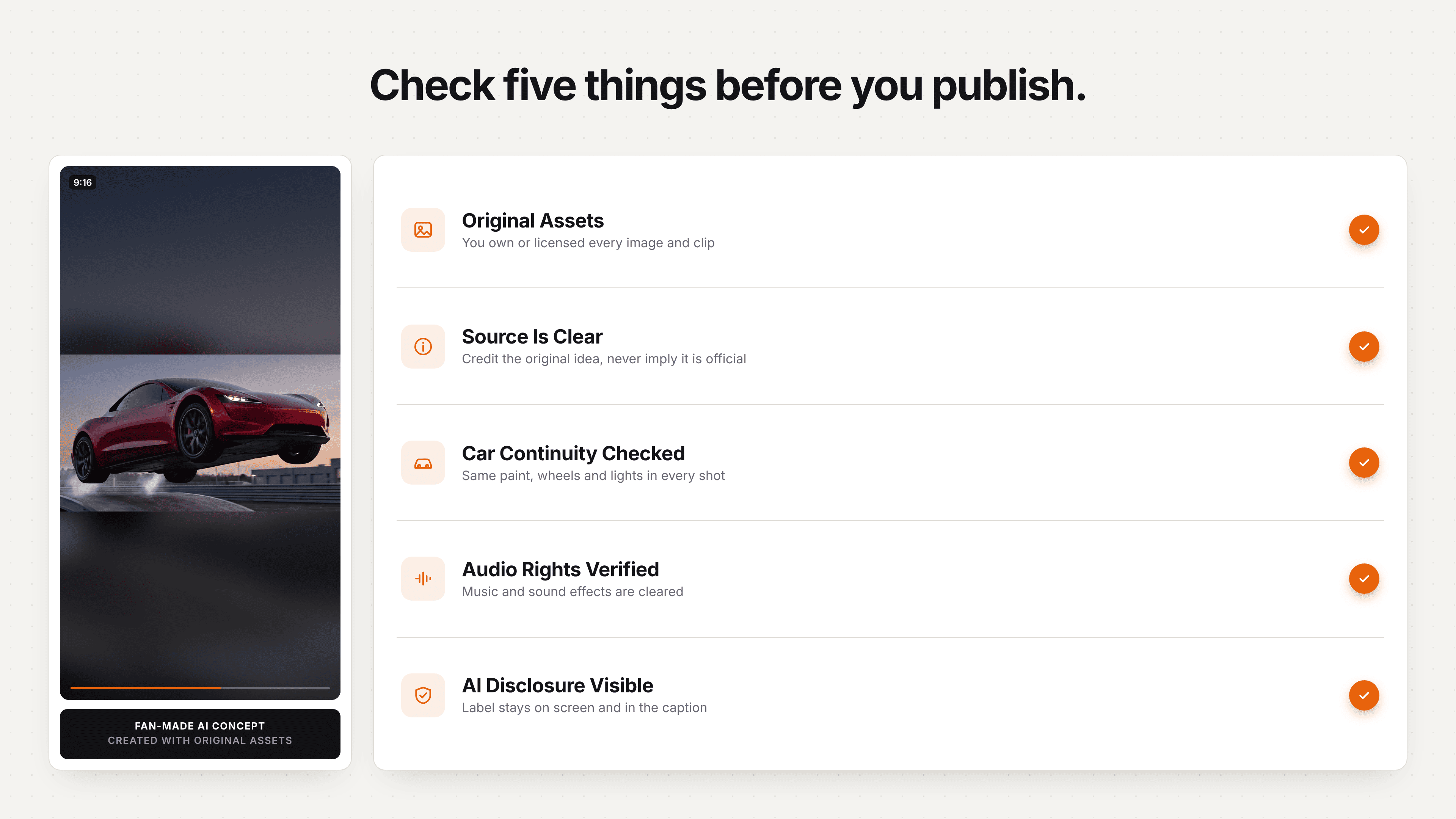 Publishing checklist for a disclosed fan-made Tesla Roadster AI recreation